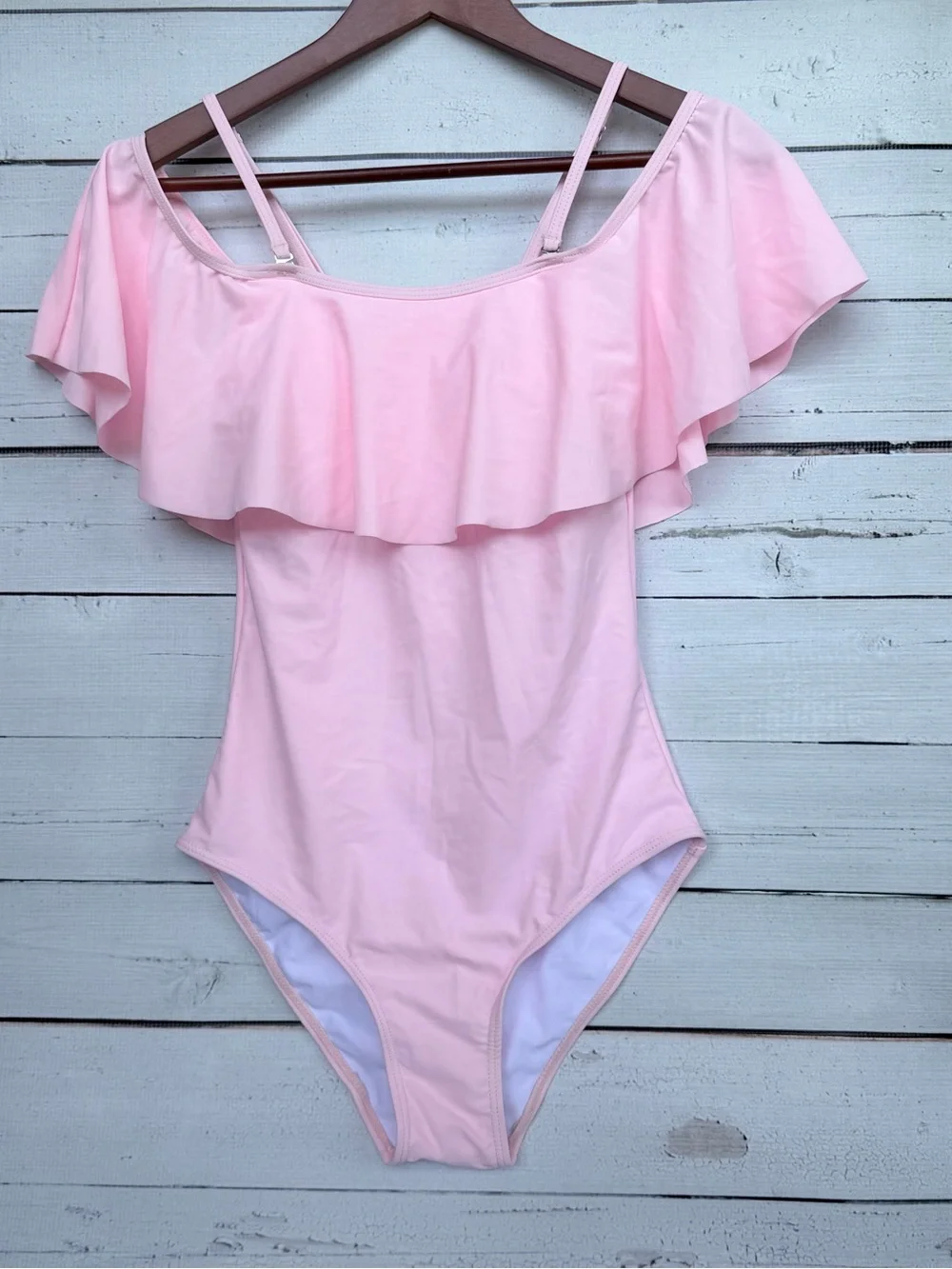 NWT Tempt Me Pink Off-the-Shoulder Ruffle One Piece Swimsuit - Picture 3 of 7